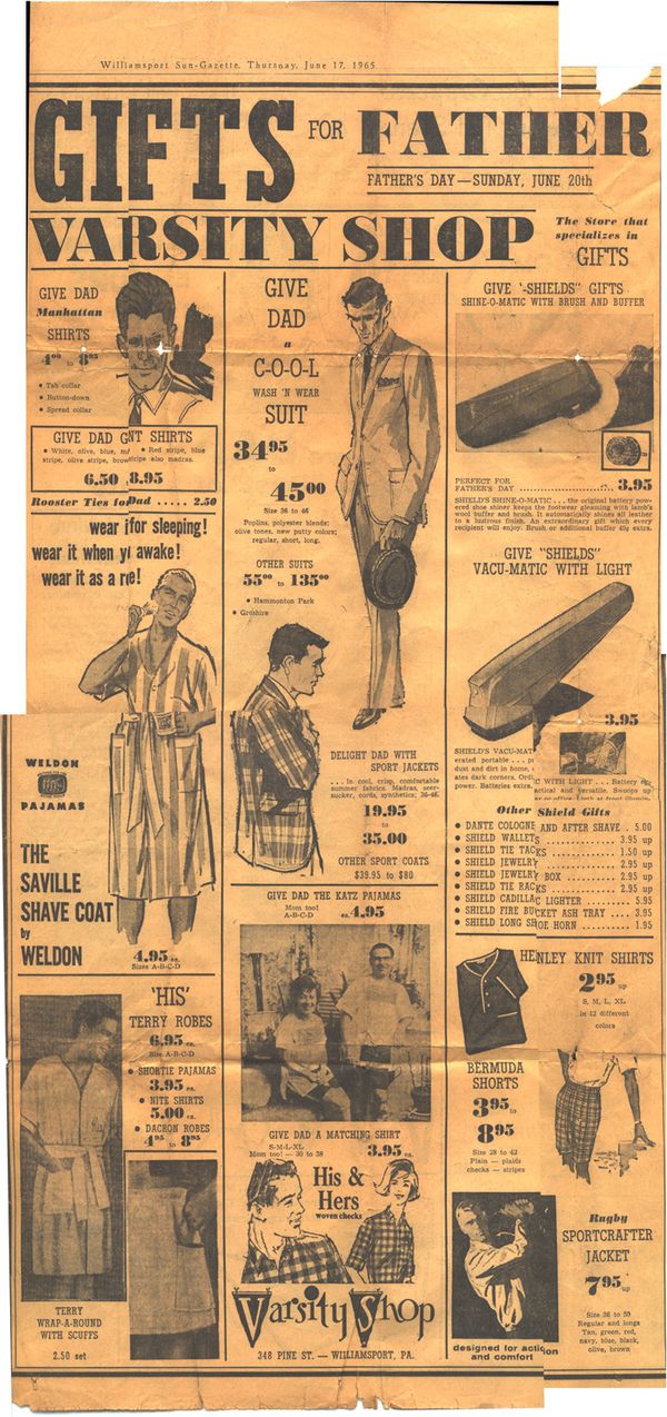 Varsity Shop Father's Day advertisement, Williamsport Sun-Gazette, June 17 1965